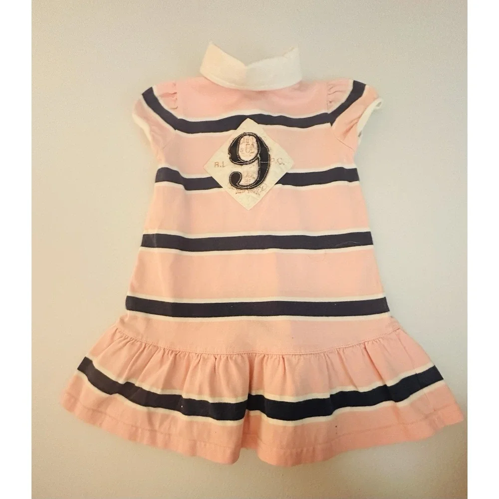 Ralph Lauren Girls 18M Pink/Navy Striped Polo Dress & Bloomers Set